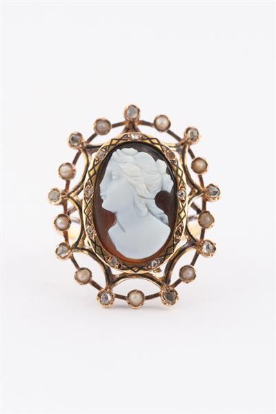 Grote foto antieke gouden ring met schelp cam e parels en diamanten kleding dames sieraden