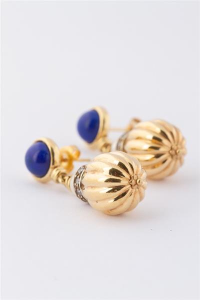 Grote foto gouden oorhangers met in elk een lapis lazuli parel en zirkonia kleding dames sieraden
