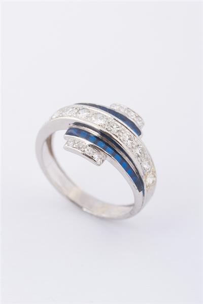 Grote foto platina slag ring met briljanten en blauw emaille kleding dames sieraden