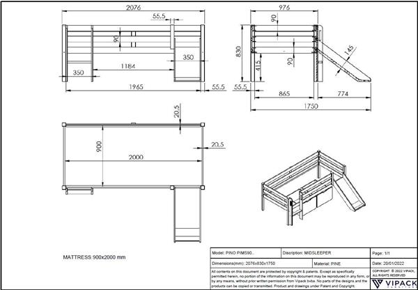 Grote foto pino halfhoogslaper laag met glijbaan 90x200 grijs vipack kinderen en baby complete kinderkamers