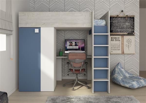 Grote foto studio 1809 hoogslaper met bureau en kast 90x200 blauw trasman kinderen en baby complete kinderkamers