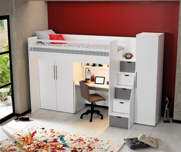 Grote foto neo hoogslaper met bureau en kledingkast 90x200 wit grijs almila kinderen en baby complete kinderkamers