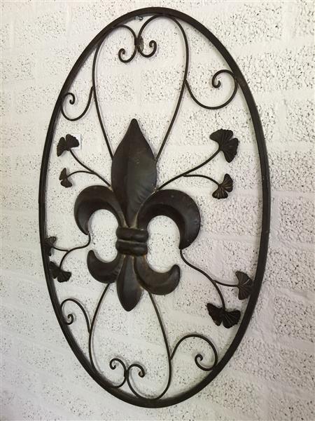 Grote foto wandornament met franse lelie metaal vintage brown tuin en terras tuindecoratie