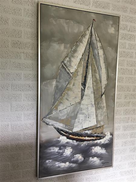 Grote foto prachtig groot olieverf doek van een zeilschip in mooie kleurstelling in alu lijst huis en inrichting woningdecoratie