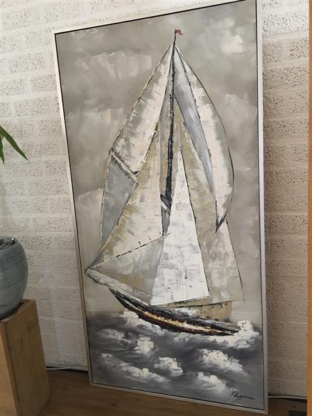 Grote foto prachtig groot olieverf doek van een zeilschip in mooie kleurstelling in alu lijst huis en inrichting woningdecoratie