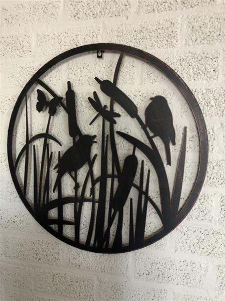 Grote foto wandornament muurdecoratie metaal rond vogels tuin en terras tuindecoratie