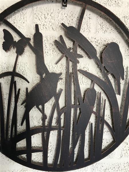 Grote foto wandornament muurdecoratie metaal rond vogels tuin en terras tuindecoratie