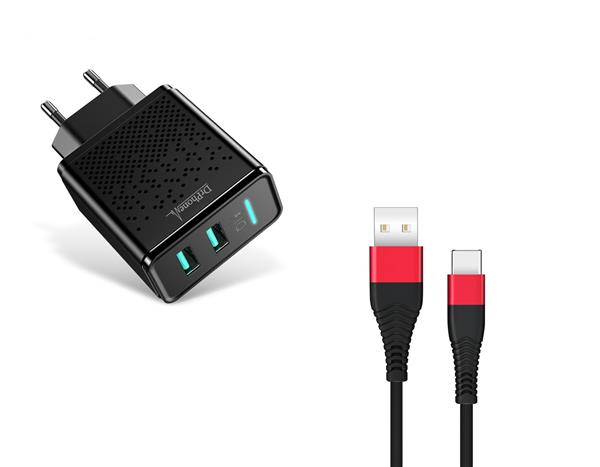 Grote foto drphone acc02 iq smart 2 poort lader 5v 2.4a 2 usb poorten 1 meter x1 usb c type c kabel telecommunicatie opladers en autoladers