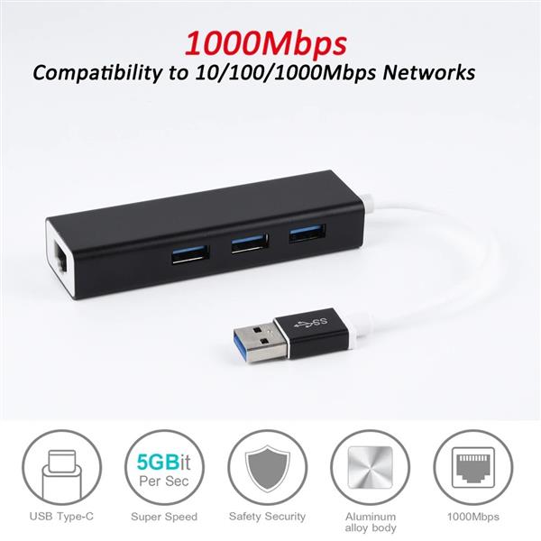 Grote foto drphone ea2 usb 3.0 hub met rj45 gigabit ethernet lan adapter 10 100 1000m gigabit met 3 poorten computers en software overige computers en software