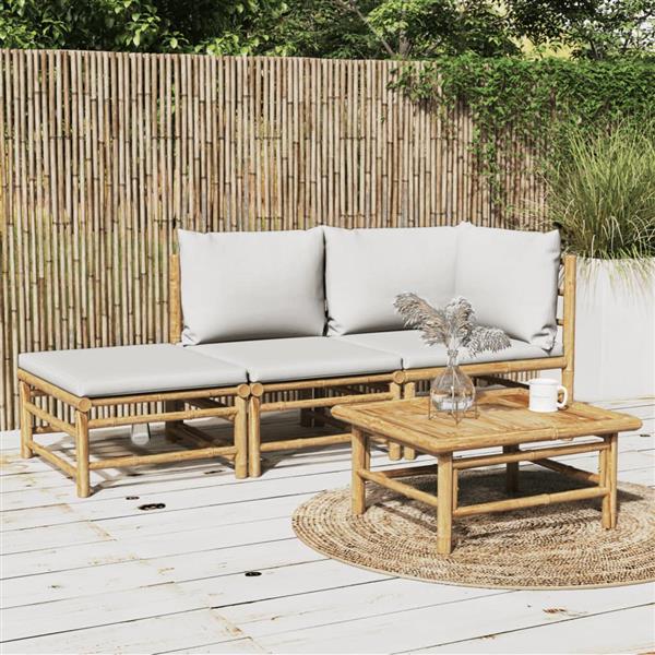 Grote foto vidaxl 3 delige loungeset met kussens bamboe lichtgrijs tuin en terras tuinmeubelen
