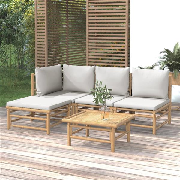 Grote foto vidaxl 5 delige loungeset met kussens bamboe lichtgrijs tuin en terras tuinmeubelen