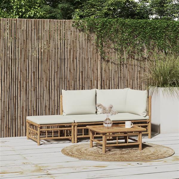 Grote foto vidaxl 3 delige loungeset met kussens bamboe cr mewit tuin en terras tuinmeubelen