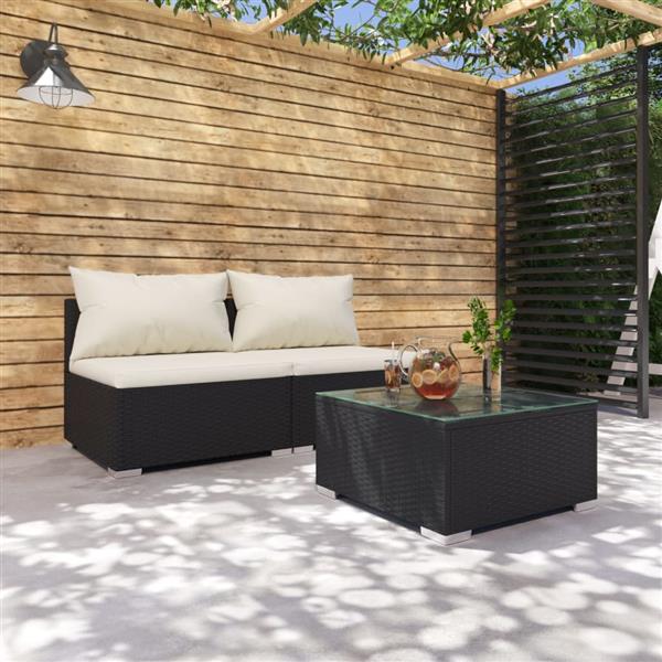 Grote foto vidaxl 3 delige loungeset met kussens poly rattan zwart tuin en terras tuinmeubelen