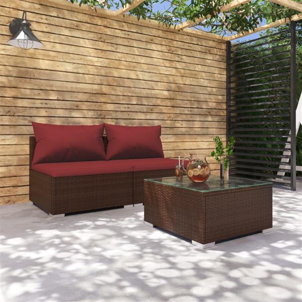 Grote foto vidaxl 3 delige loungeset met kussens poly rattan bruin tuin en terras tuinmeubelen