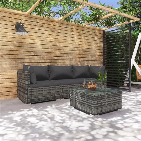 Grote foto vidaxl 4 delige loungeset met kussens poly rattan grijs tuin en terras tuinmeubelen