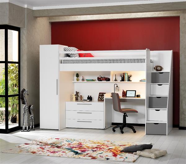 Grote foto neo hoogslaper met bureau ladekast en kledingkast 90x200 wit grijs almila kinderen en baby complete kinderkamers