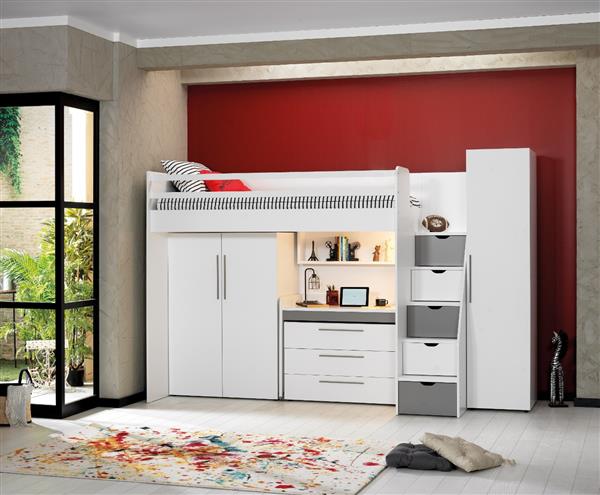 Grote foto neo hoogslaper met bureau en twee kledingkasten 90x200 wit grijs almila kinderen en baby complete kinderkamers