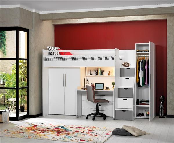 Grote foto neo hoogslaper met bureau en twee kledingkasten 90x200 wit grijs almila kinderen en baby complete kinderkamers