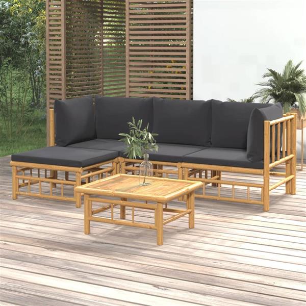 Grote foto vidaxl 5 delige loungeset met kussens bamboe donkergrijs tuin en terras tuinmeubelen