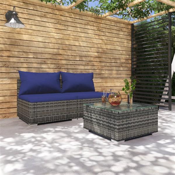 Grote foto vidaxl 3 delige loungeset met kussens poly rattan grijs tuin en terras tuinmeubelen