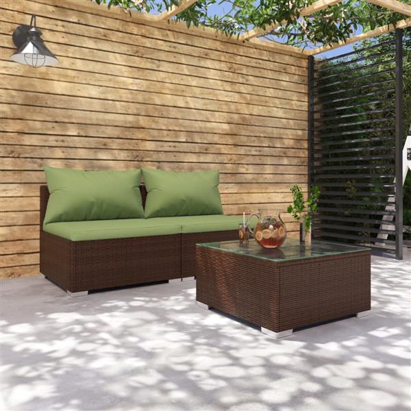 Grote foto vidaxl 3 delige loungeset met kussens poly rattan bruin tuin en terras tuinmeubelen