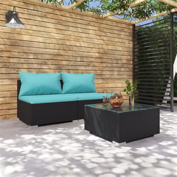 Grote foto vidaxl 3 delige loungeset met kussens poly rattan zwart tuin en terras tuinmeubelen