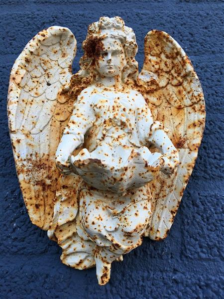 Grote foto wandornament engel met schelp gietijzer old white rust tuin en terras tuindecoratie