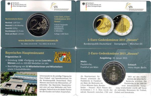 Grote foto duitsland 2 euro 2015 coincard hessen pauluskerk letter d verzamelen munten overige