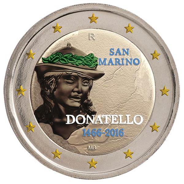 Grote foto san marino 2 euro 2016 donatelo gekleurd verzamelen munten overige