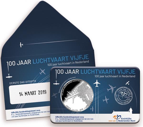 Grote foto nederland 5 euro 2019 100 jaar luchtvaart vijfje eerste dag verzamelen munten overige