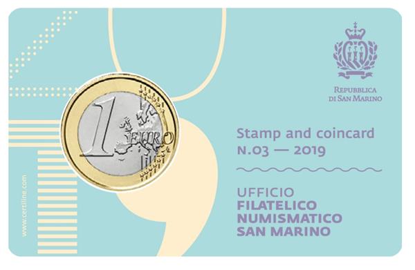 Grote foto san marino 1 euro 2019 coincard nr. 3 met postzegel verzamelen munten overige