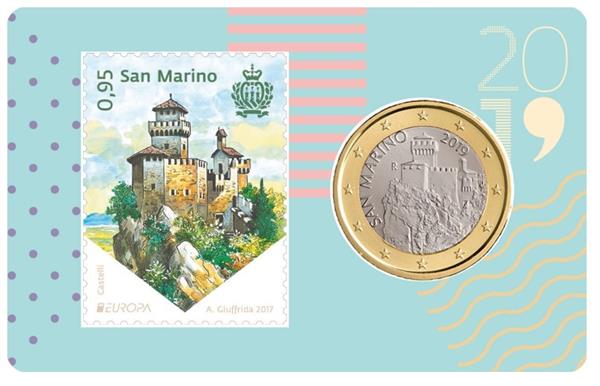 Grote foto san marino 1 euro 2019 coincard nr. 3 met postzegel verzamelen munten overige