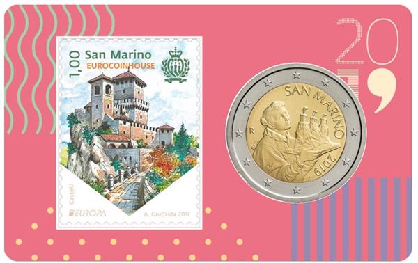 Grote foto san marino 2 euro 2019 coincard nr. 4 met postzegel verzamelen munten overige