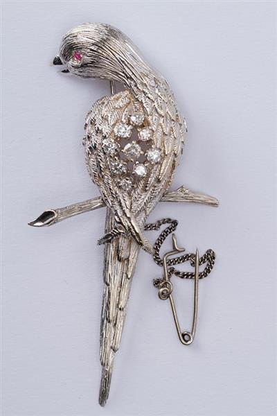 Grote foto wit gouden papegaai met een robijn en briljanten sieraden tassen en uiterlijk medaillons en broches