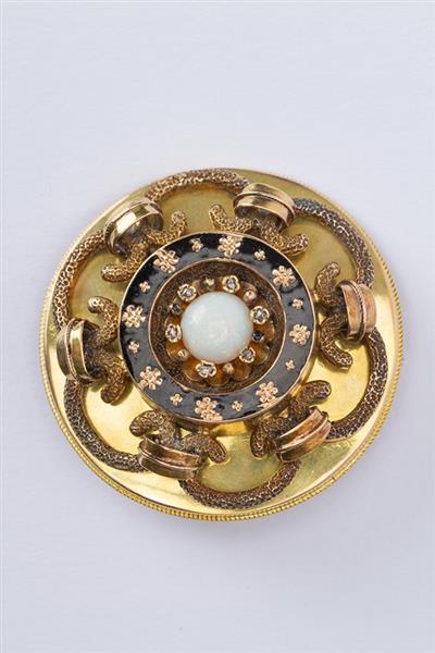 Grote foto gouden biedermeier broche hanger met melk opaal diamanten en emaille sieraden tassen en uiterlijk medaillons en broches