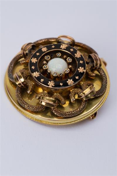 Grote foto gouden biedermeier broche hanger met melk opaal diamanten en emaille sieraden tassen en uiterlijk medaillons en broches