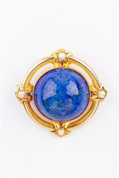 Grote foto gouden broche met een lapis lazuli en parels sieraden tassen en uiterlijk medaillons en broches