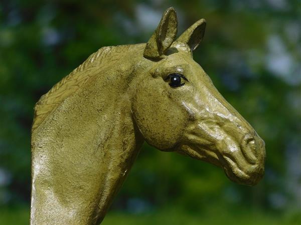 Grote foto set van 2 paardenbeelden olijfgroen boekensteunen tuin en terras tuindecoratie