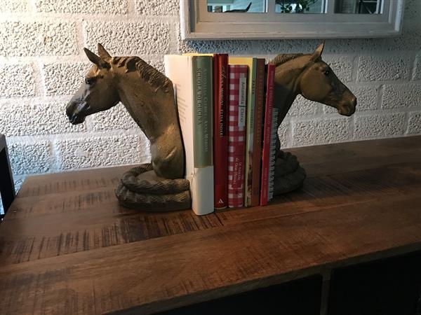 Grote foto set van 2 paardenbeelden olijfgroen boekensteunen tuin en terras tuindecoratie