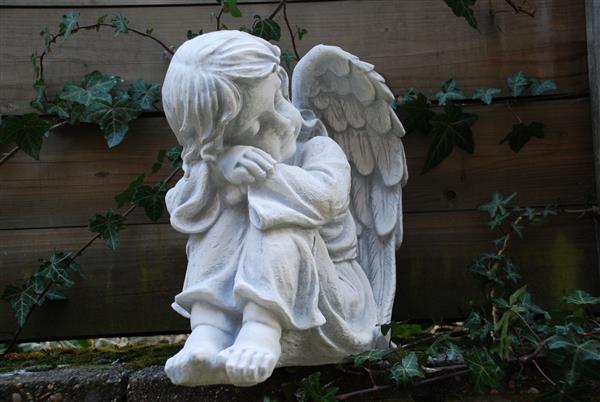 Grote foto prachtige zittende engel vol detail vol steen. tuin en terras tuindecoratie