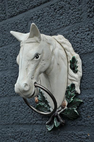 Grote foto paardenhoofd met ring gietijzer wit rust. tuin en terras tuindecoratie