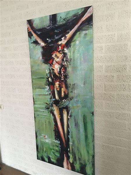 Grote foto fors en fraai abstract olieverfdoek van jezus aan het kruis. huis en inrichting woningdecoratie