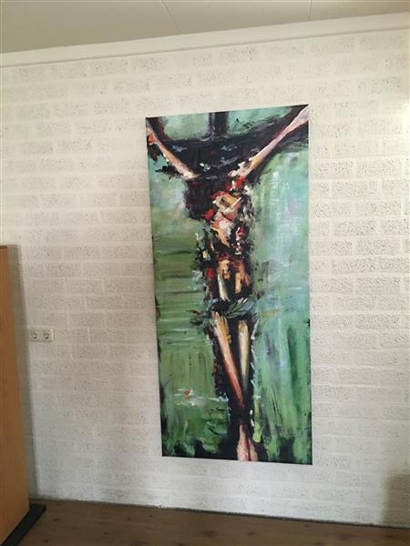 Grote foto fors en fraai abstract olieverfdoek van jezus aan het kruis. huis en inrichting woningdecoratie