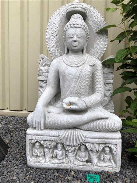 Grote foto boeddha op troon white wash vol steen. tuin en terras tuindecoratie
