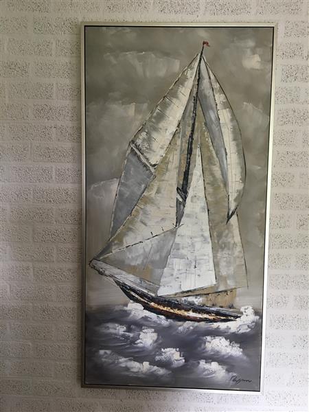 Grote foto prachtig groot olieverf doek van een zeilschip in mooie kleurstelling in alu lijst huis en inrichting woningdecoratie