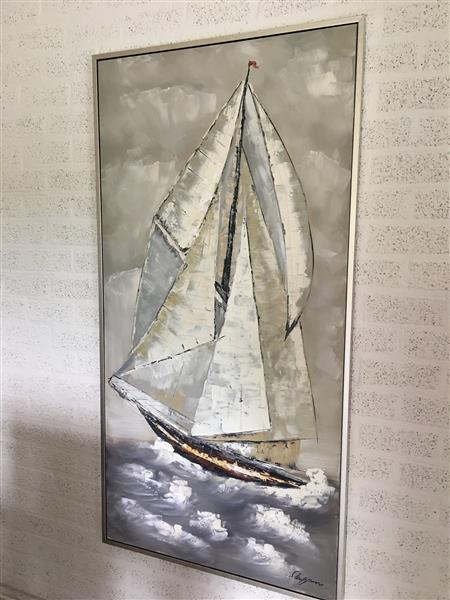 Grote foto prachtig groot olieverf doek van een zeilschip in mooie kleurstelling in alu lijst huis en inrichting woningdecoratie