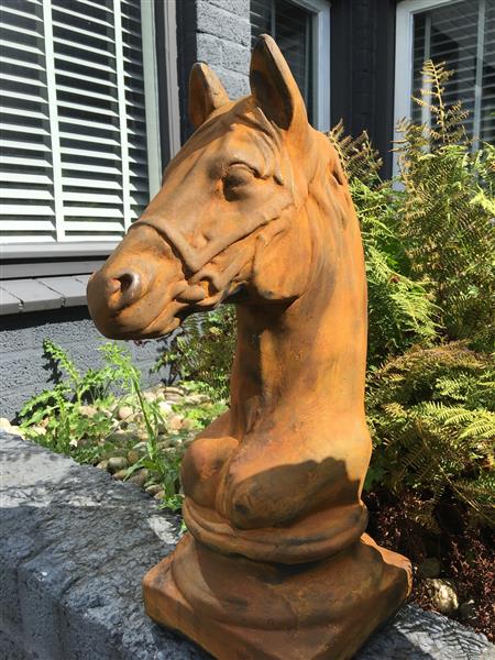 Grote foto sculptuur paardenhoofd vol steen oxide tuin en terras tuindecoratie