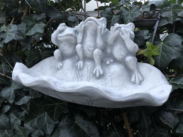 Grote foto wandornament steen waterbad vogelbad met 3 kikkers horen zien en zwijgen. tuin en terras tuindecoratie
