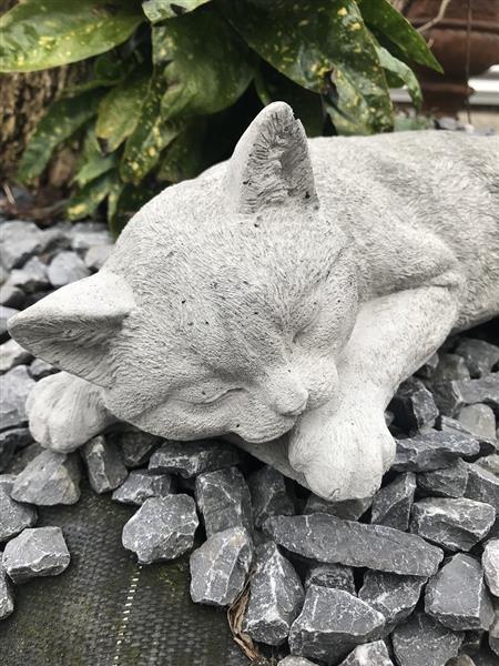 Grote foto slapende kat levensecht dierenfiguur van steen tuin en terras tuindecoratie