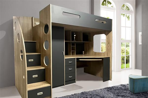 Grote foto lolo hoogslaper met bureau en kast 90x200 antraciet bk beds kinderen en baby complete kinderkamers